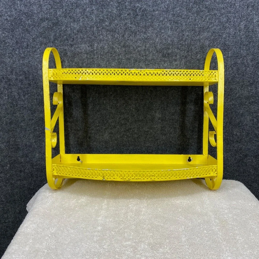 Vintage Yellow Metal 2 Tier Wall Shelf Scrollwork Gallery Rail 14x12x4